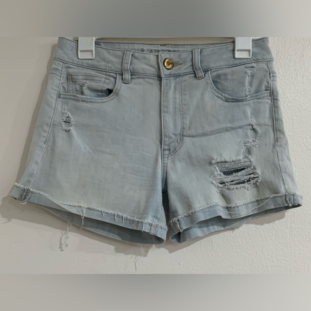 American Eagle Super Stretch Hi-Rise Light Wash Distressed Jean Shorts Size 8